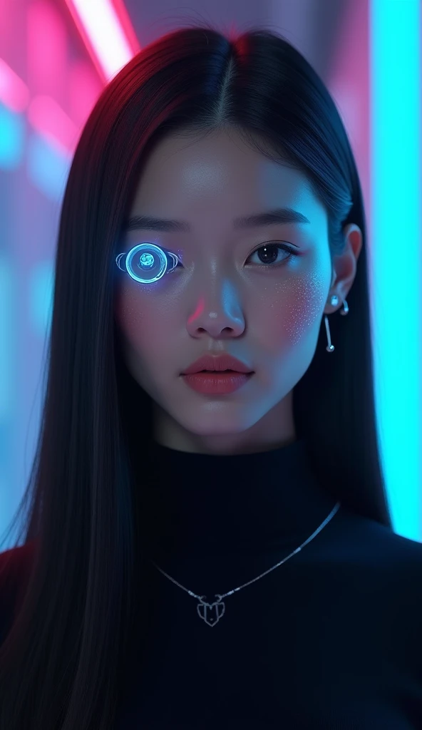 "A portrait of a young woman with straight, shiny black hair falling to her shoulders, styled in a sleek, modern, and futuristic fashion. Her face displays a calm and professional expression, enhanced by subtle technological details: a cybernetic eye impla...