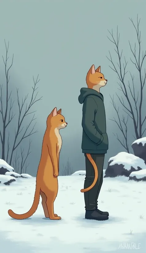 Scene 2: Memories Under the Snow
In a snowy field, the golden cat couple stands apart. The female cat looks down at the ground, while the male cat, with his hands in his hoodie pocket, stares off into the distance. The background shows barren trees and sno...