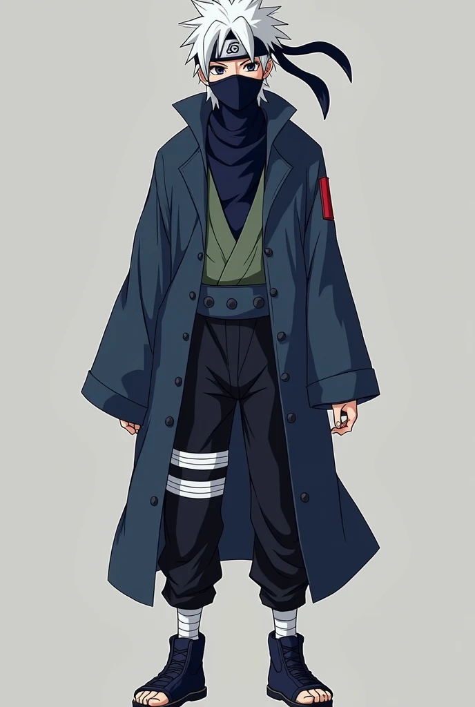  make a fictional male character inspired by the ANIME NARUTO, he has white hair, Bandana de Konoha, And a mask covering half of his face , black eye, Navy blue clothes glued together,  black pants , black tennis,  hes a   make him stand up , Make him even...