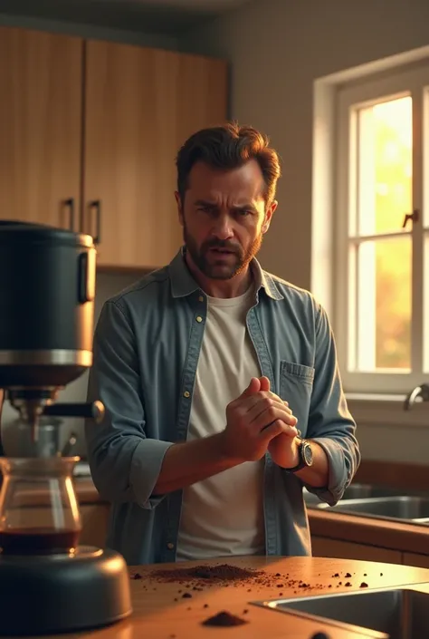 A frustrated man standing in his kitchen, looking at a broken coffee machine with spilled coffee grounds on the counter. The clock on the wall shows its morning, and hes running late.