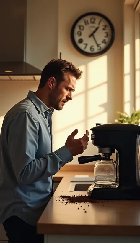 A frustrated man standing in his kitchen, looking at a broken coffee machine with spilled coffee grounds on the counter. The clock on the wall shows its morning, and hes running late.