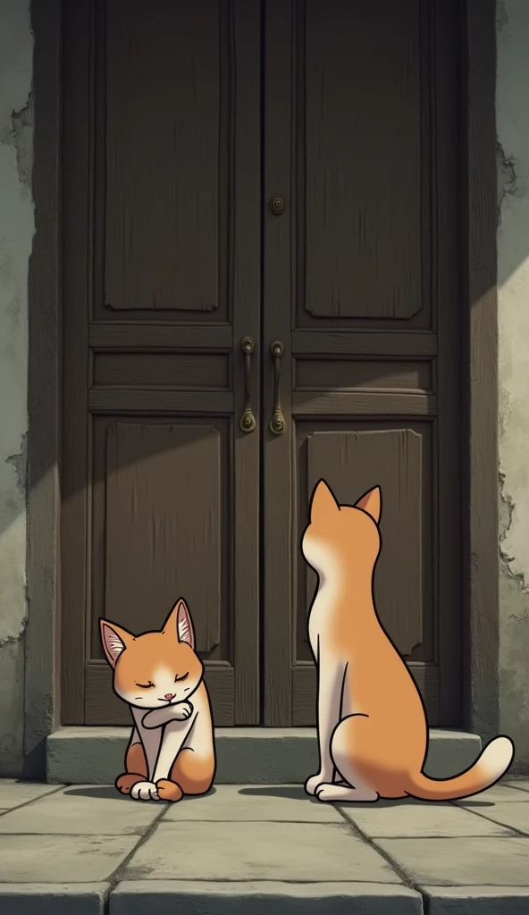 Scene 5: Silence at the Doorstep
In front of an old wooden door, the female cat sits on the ground, hugging her knees tightly. The male cat stands on the other side of the door, with his back turned toward it, radiating sadness. The background includes a q...