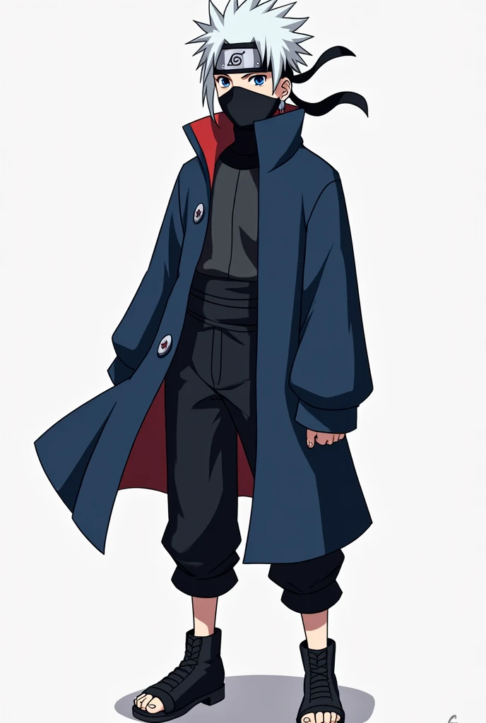  make a fictional male character inspired by the ANIME NARUTO, he has white hair, Bandana de Konoha, And a mask covering half of his face , black eye, Navy blue clothes glued together,  black pants , black tennis, He is a  , Do it standing, Make him even m...