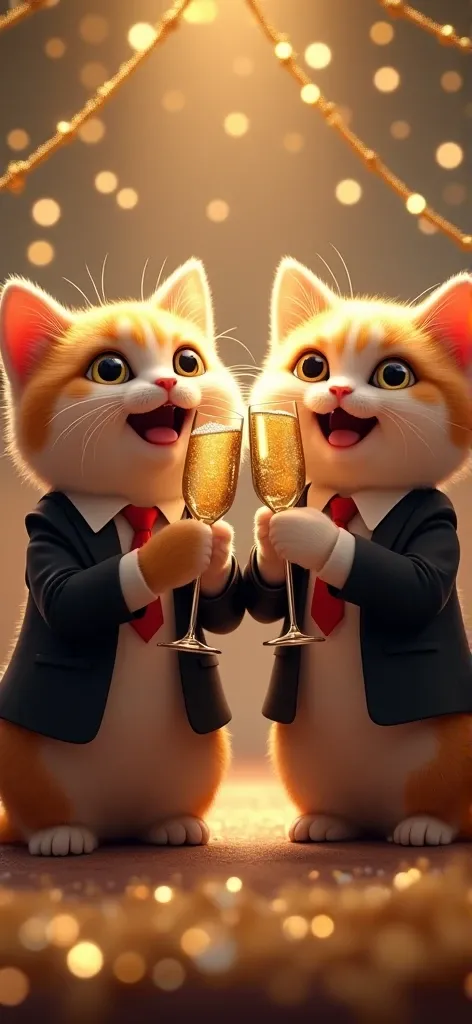 2 fluffy cats raise their glasses of champagne to the new year. Wearing a black suit, white blouse and red tie, background sparkles, garlands