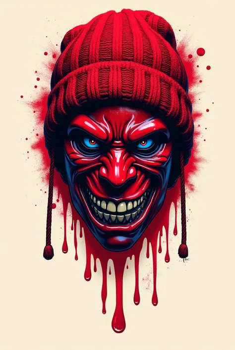 
"A bold and edgy T-shirt design featuring a red mask with a knit-like texture, styled like a winter hat. The mask has a fierce, intense expression with piercing eyes, one of which features a star detail. Below the mask, vibrant red liquid drips down in a ...