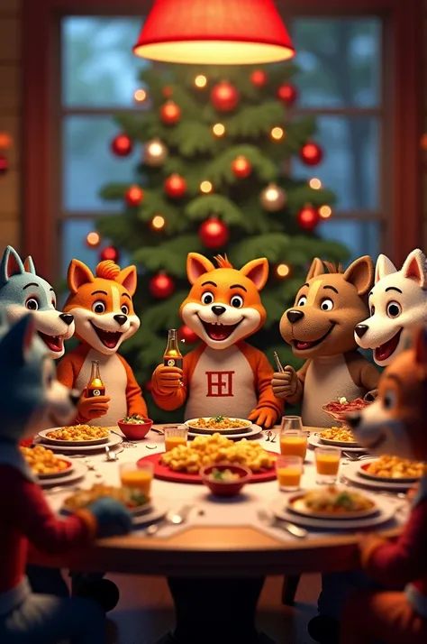 All the mascots of the Venezuelan national baseball league baseball teams at a family table sharing a New Years Eve dinner with a Christmas tree decorated in red