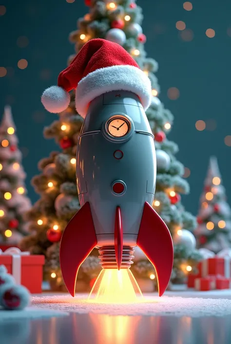 A picture of a rocket wearing a Santa Claus hat on top of the rocket with a 3D Christmas tree behind it