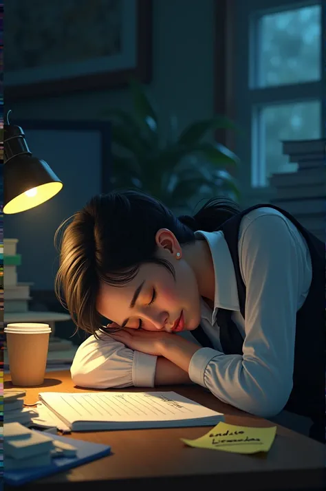 A tired employee resting their head on the desk with a coffee mug and a sticky note that reads Deadline! nearby."