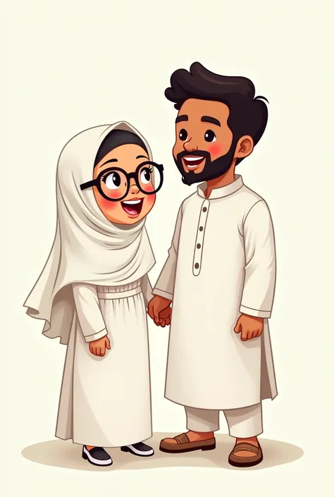 Can you please generate a photo?
Concept: This is basically a cartoon couple picture. The bride has worn white burka and hijab. She wears round glasses as well as she is really cute. Her skin colour is light brown. And the groom has worn white  panjabi and...