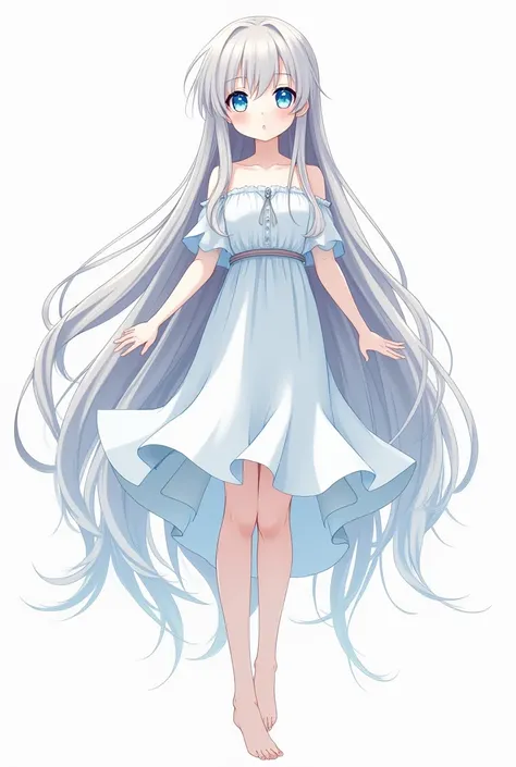 I draw a picture of an anime girl with a full body standing, her hair is very long, her eyes are big, their color is sky and her skin is white