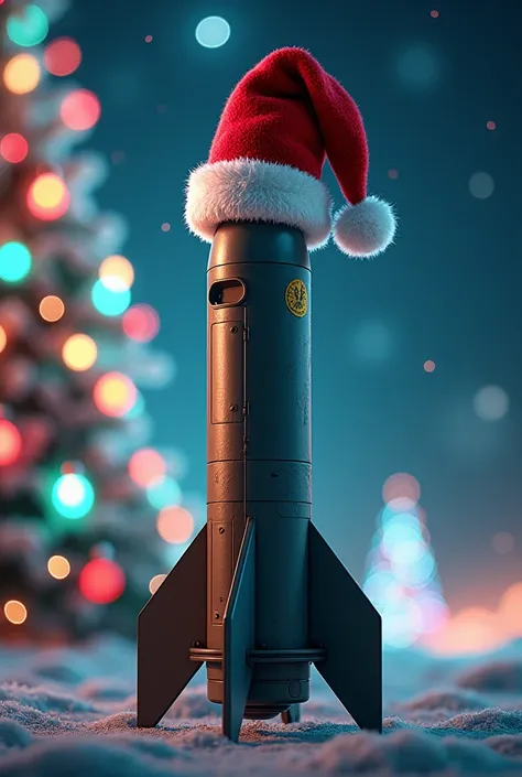 A Yemeni missile wears a Santa Claus hat on top of the missile and behind it is a Christmas tree with the 3D technology