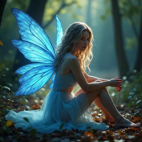   fairy women with delicate details  ,   seats on the floor gracefully  . She has for a long time , Wavy hair,  And her amazing beauty is distinguished by blue wings. ,  Glow Light .  The background has a magical forest with shimmering light and leaves..  ...