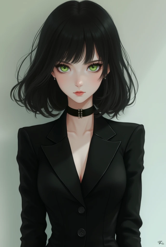  a girl with black hair, light skin,  green eyes, black head, with elegant black tuxedo 