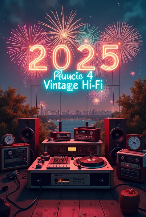 Make an image that says audio 4 vintage hi-fi fireworks and that says new year 2025 full of audio equipment place some letters that say audio 4 vintage hi-fi 