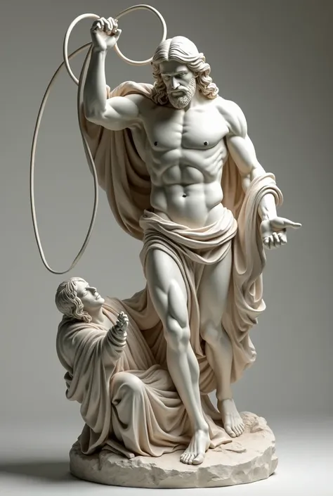 Ultra realistic Greek style statue, highly detail-oriented, mega sharp, Without errors or flaws of Jesus Christ with a whip in his right hand whipping a Pharisee. 