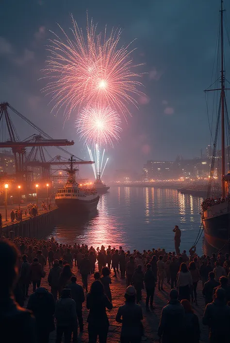 Create realistic image about the arrival of the New Year at the port 