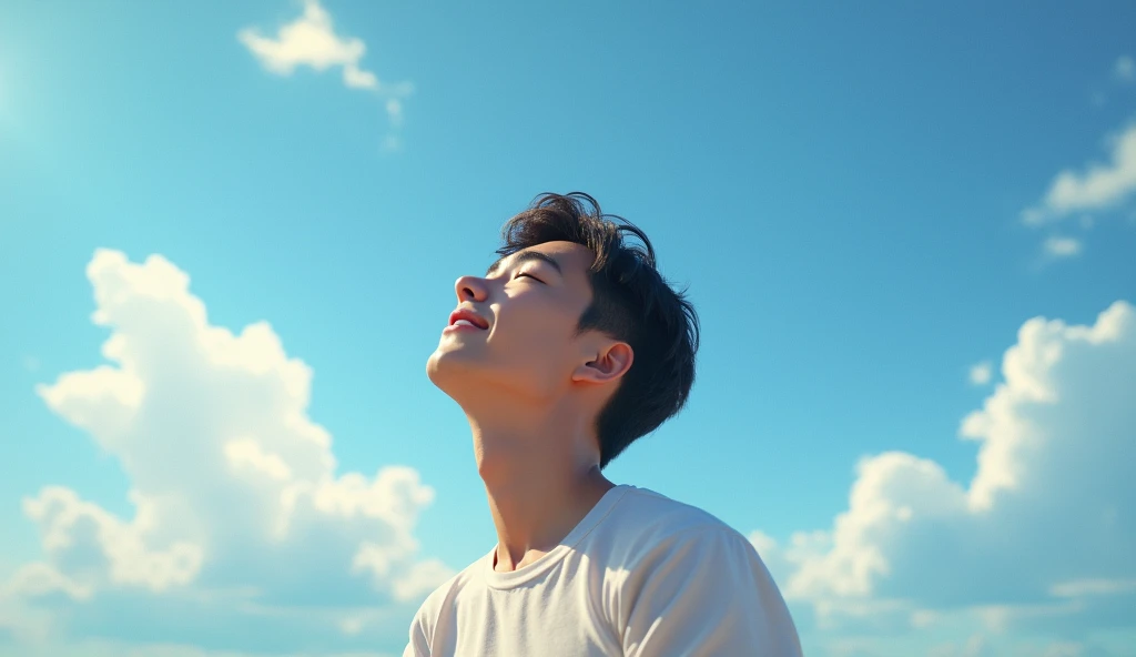 A young man looks up at the sky with a small smile as he has his eyes. Superrealistic