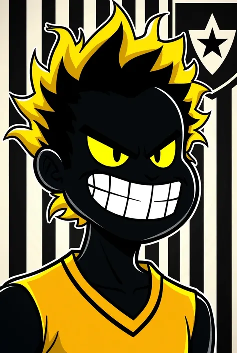 (comic book style:1.3), a **highly stylized character** with a **completely black silhouette**, outlined in **vibrant yellow** for high contrast. The character features a wide, exaggerated grin with **sharp white teeth** and glowing **yellow eyes**, exudin...