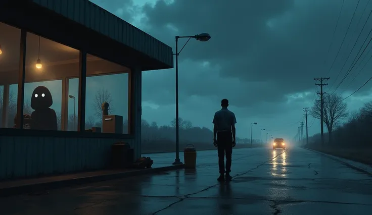 A service station under a dark, cloudy sky, illuminated by a single flashing light pole .  An employee standing behind his back is cleaning glass while ,  Through the windows ,  a dark figure with bright eyes is seen watching .  in the background ,  a soli...