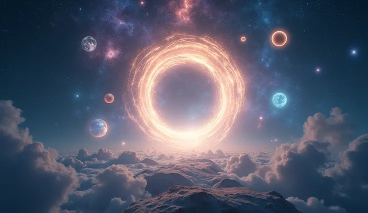 The image shows an ethereal portal of swirling light opening in the middle of the galaxy. Around the portal, planets are aligned, each representing a zodiac sign. In the distance, distant galaxies and nebulas radiate with soft pastel colors, hinting at the...