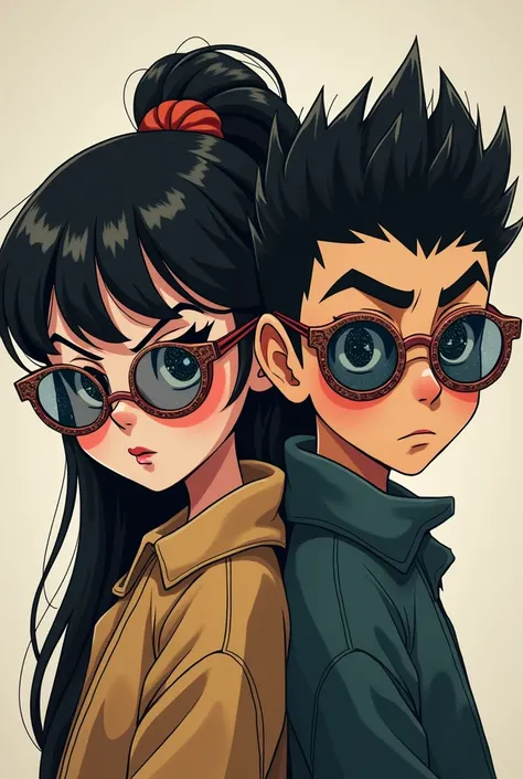 The model is wearing glassa black-haired girl, who looks arrogant and haughty, with a nerdy boy beside her sunglasses with stars and the moon on the glass