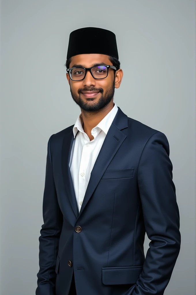 21 year old Indian boy with face skin wearing spectacles and narrow body posing in LinkedIn picture in formula with islamic scholar cap