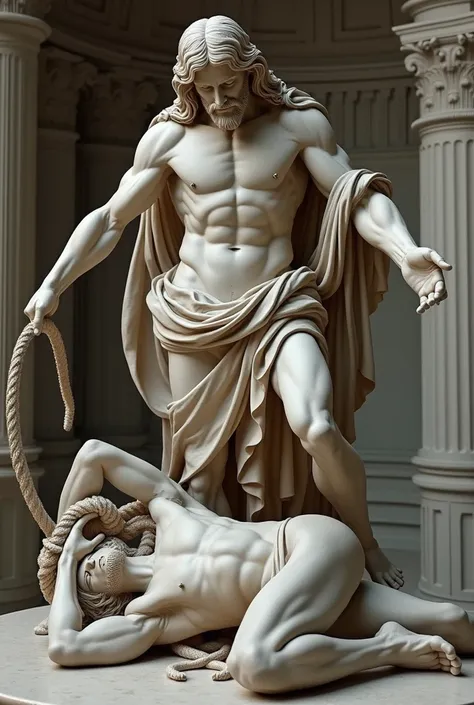 Ultra realistic Greek style statue, highly detail-oriented, mega sharp, No mistakes or flaws of Jesus Christ with a whip in his right hand whipping a man lying on the ground. 