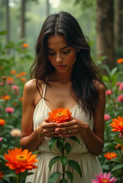 Brazilian woman in nature cuddling the flowers