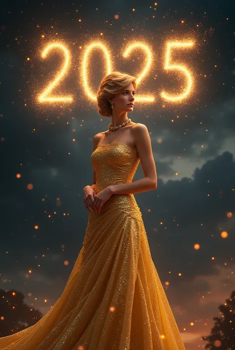 Princess Diana stands in a golden sparkling dress, against the background of the dark sky, colorful sparks appear in the sky that turn into the number 2025. Very realistic and dynamic