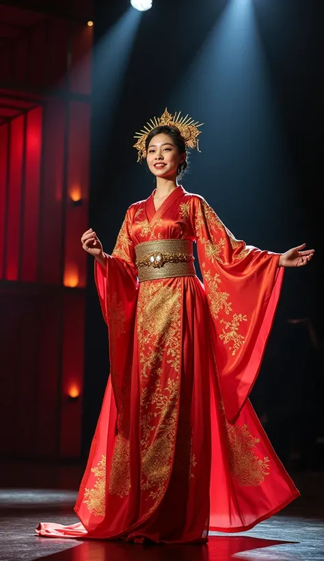 The full-length image, 9:16, of a Japanese woman with her typical red-gold stage costume on the iconic American Got Talent stage