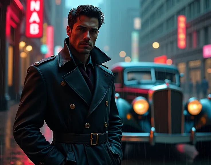 A brooding private investigator, evoking a neo-noir detective, stands in the midst of a rain-soaked cityscape, bathed in a kaleidoscope of neon hues that reflect off the wet pavement, as a vintage, curved-fendered sedan, its chrome accents gleaming, sits p...