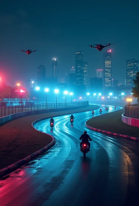 A nighttime motorcycle racing zone located at the edge of the city, filled with danger and excitement. The track is wide, surrounded by glowing neon lights in vibrant colors, with high ramps launching bikes into the air. The terrain is a mix of asphalt and...