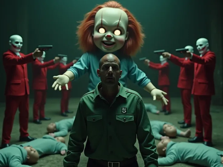 "A scared and sweaty man ,  wearing a numbered green uniform ,  standing in front of a terrifying-looking giant doll, with bright eyes,  surrounded by fallen bodies on a playground .  in the background ,  masked figures in red suits point weapons . dark,  ...