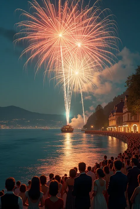  Then you can have a happy new year picture. Have fireworks on it ,  in the 1920s on the shore of Lake Balaton .  People watch fireworks .
