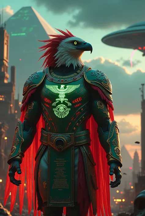 "A futuristic gladiator inspired by a mythical Aztec eagle warrior, moving through a dystopian Mexico City battlefield. The gladiator has the body of a majestic eagle, with glowing red, white, and green digital patterns running across its feathers like liv...