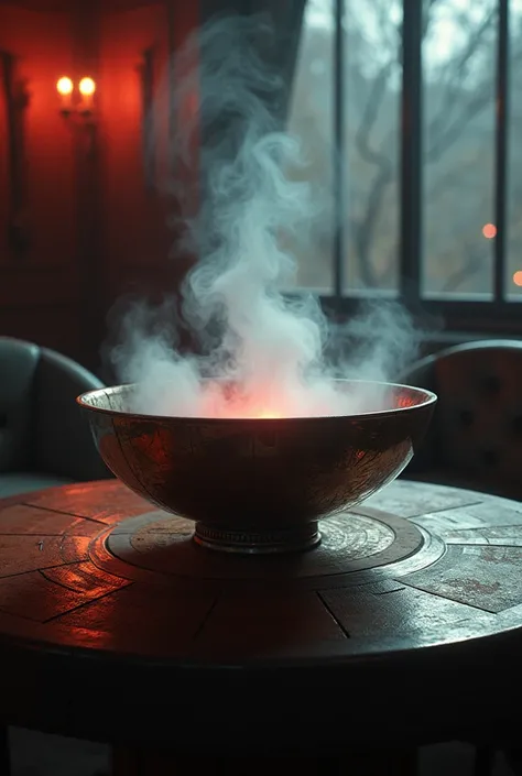 Create an image of a prophetic  bowl on a tabel showing futuristic apocalyptic images and make the bowl leak smoke