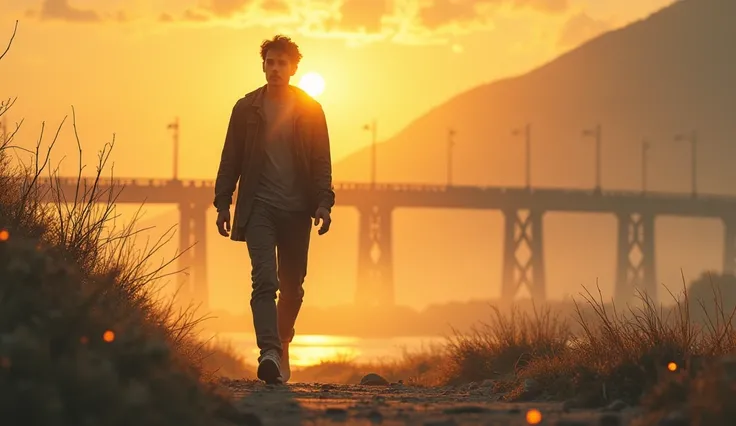 With the sunrise on the horizon ,  the young man walks with a determined pace .  The first rays of the sun illuminate his figure ,  while the bridge disappears behind him.
