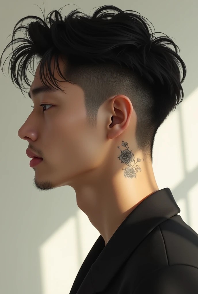 A fair Asian man (side view) with light neck tattoos