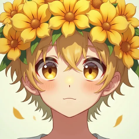 Face of a femboy who has a crown of many yellow flowers that cover his eyes and ears anime-style