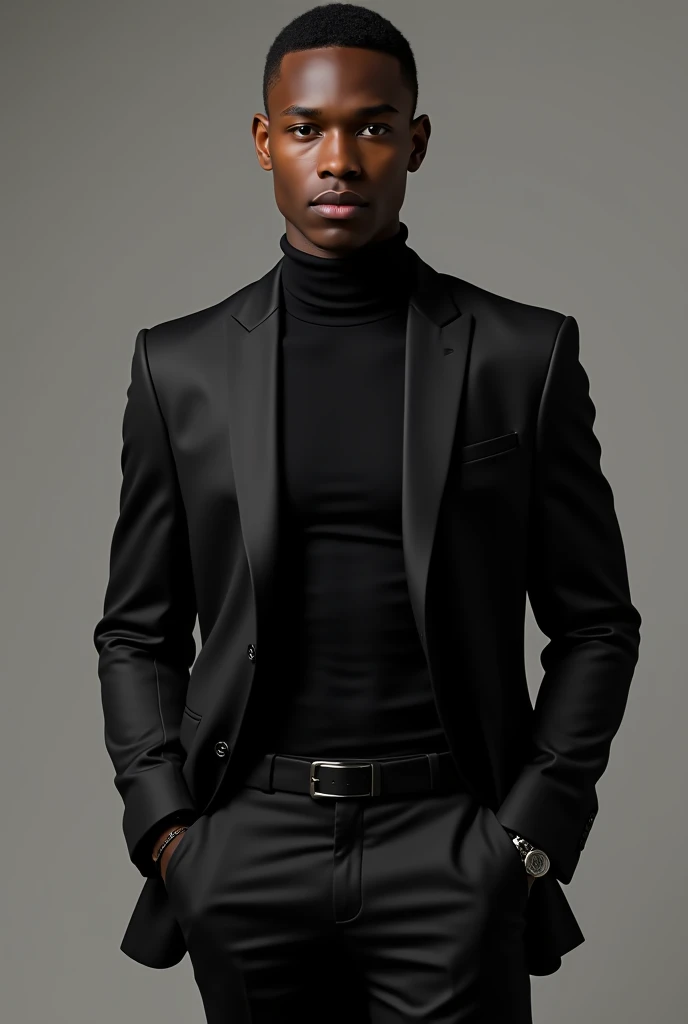 Um homem model jovem negro (black skin) model,  black eyes , (marked jaw)  young model man wearing a black suit with a black turtleneck.