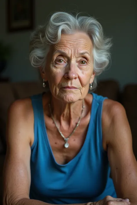 there is a woman with a blue tank top sitting in a room, a portrait by Nándor Katona, shutterstock, hyperrealism, portrait 6 0 - year - old woman, portrait of a 40 years old women, the look of an elderly person, a very macular woman in white, 3  brazilian ...