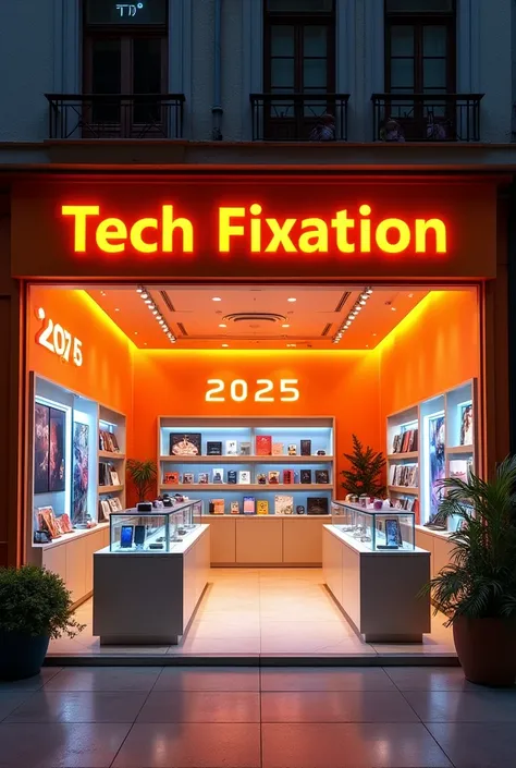 The name of my business is Tech Fixation. Color orange in the name. put Happy New Year 2025. This is a mobile phone shop and thats important