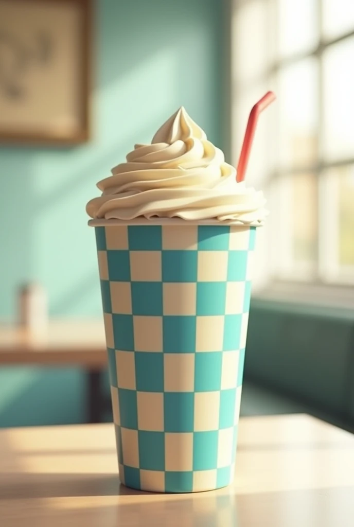 Cream and blue checkered milkshake cup