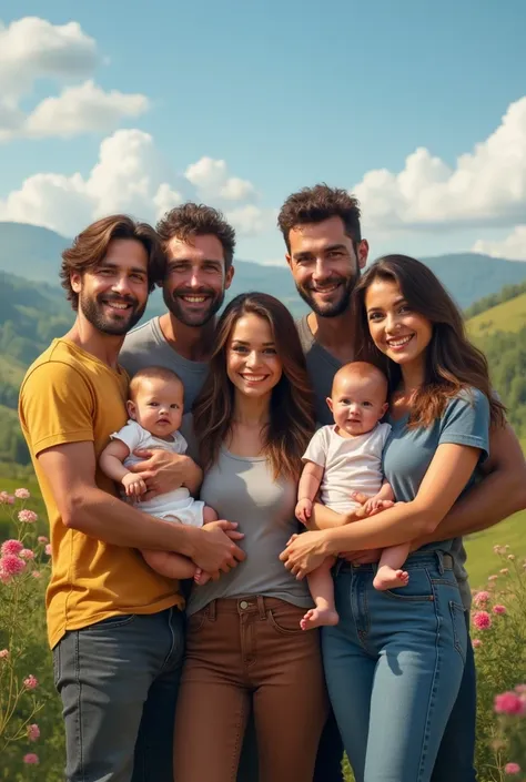 Ultra-realistic outdoor portrait of 5 friends , 2 men and 3 women, 2 babys, al aire libre ultra realista