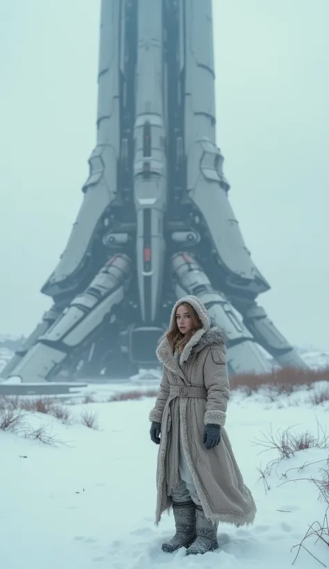 Masterpiece. Photorealism. Fantastic. High detail. Perfect anatomy. Hyperrealism. Best quality. Sweet apocalyptic gorgeous hot woman. Standing in the snow next to a giant shuttle.