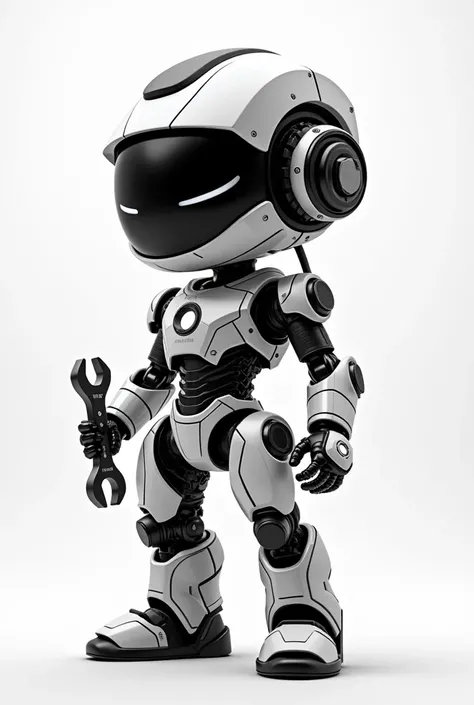 A futuristic and modern black and white Ironman-style baby robot that has a wrench in its hand and