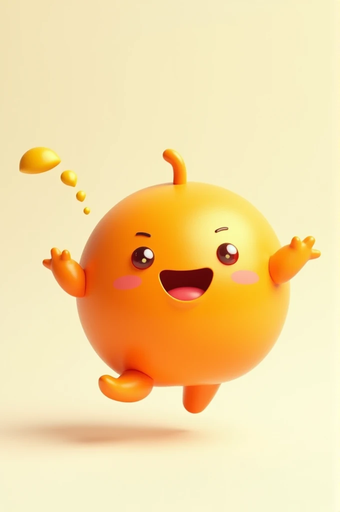 himsical anthropomorphic character in the shape of a vibrant orange, with a playful, rounded body and limbs, and a bright, cheerful facial expression featuring large, shining eyes and a curved, smile-like line for a mouth, set against a soft, creamy white ...