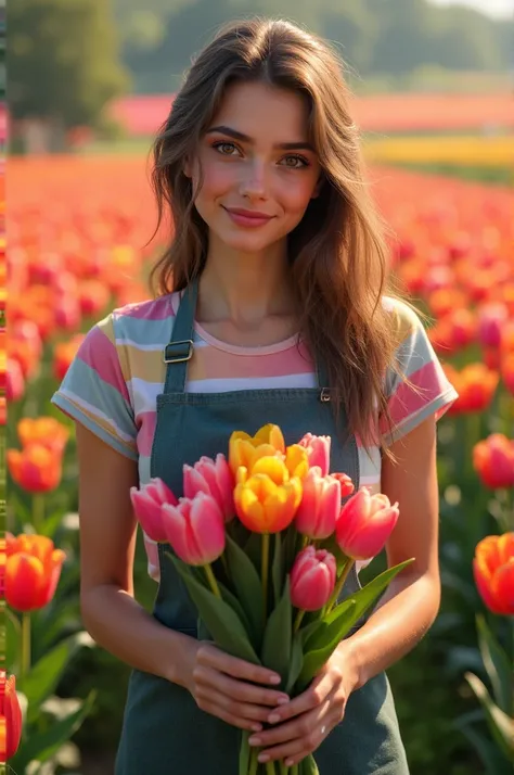 Brown-eyed Jewish girl , 28 years old.  A cut of flowers on a tulip field. She is wearing an apron and a multi-colored T-shirt.