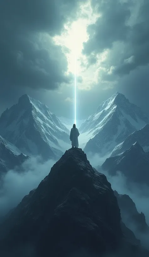  A majestic mountain range under a stormy sky， dark clouds split ， reveals a ray of light ， illuminates Jesus standing at the top ， He looks down at the valley below 。 The color palette is extremely dramatic ，Blue 、 shades of gray and white 。