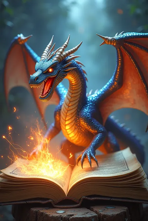 Fantasy dragon rising from a book with fire